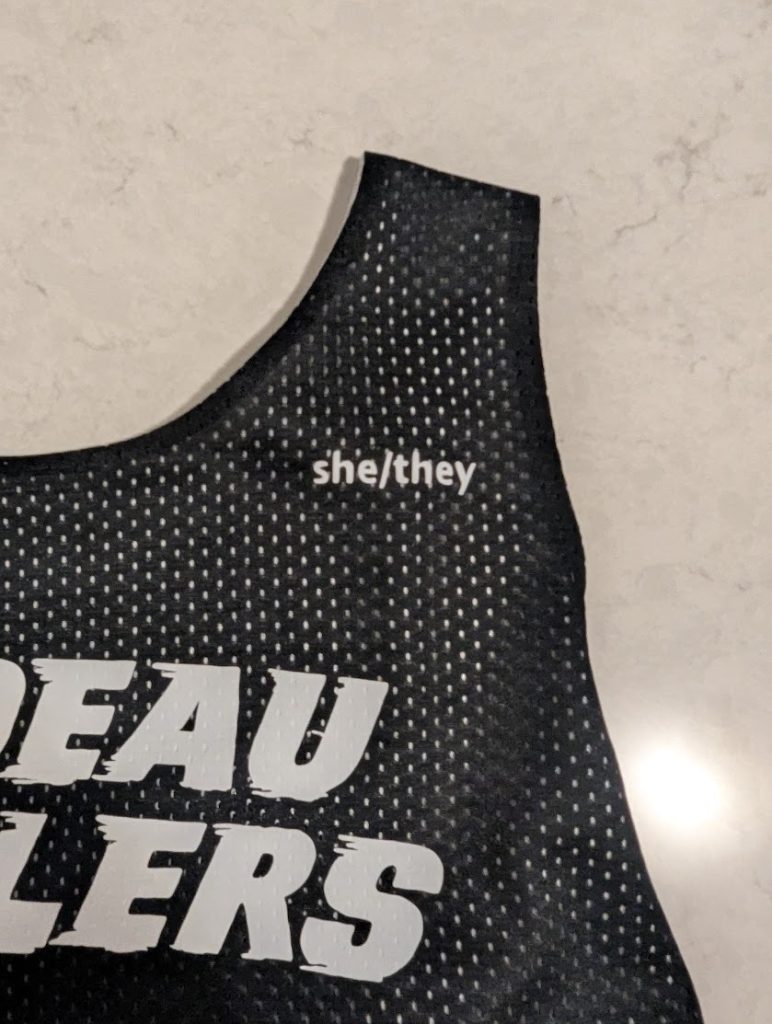 pronoun badge she/they